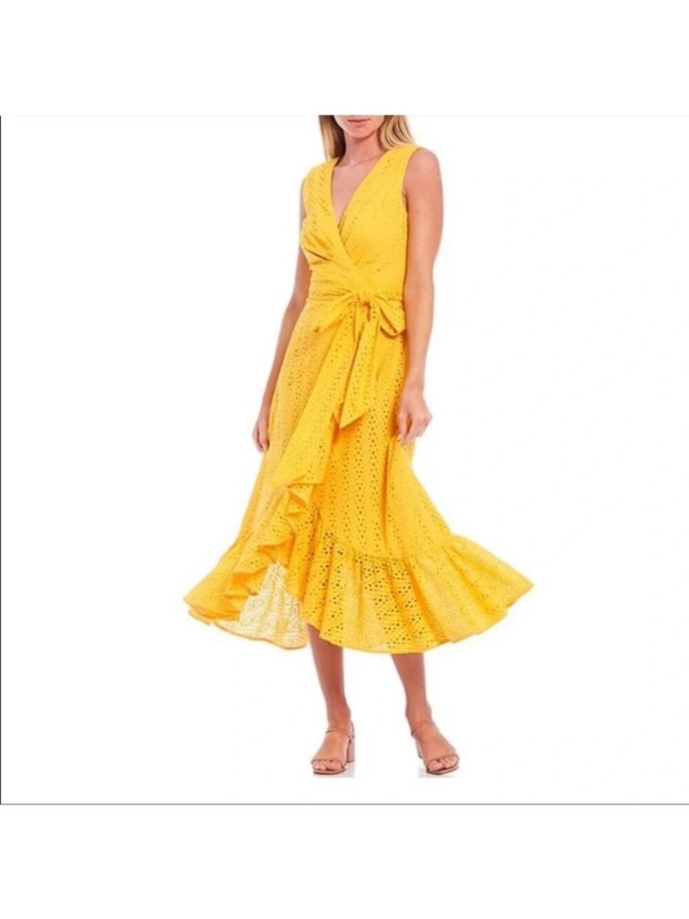 Sachin & Babi x Dillards Diane Midi Wrap Dress Sz 10 Yellow Eyelet Sleeveless